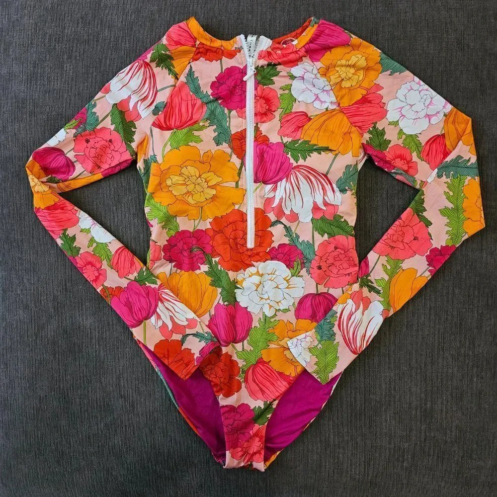 Trina Turk Women's Floral Print Long Sleeves Paddle Suit Swimsuit Size large